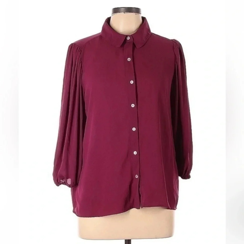 Nanette Lepore Burgundy Elbow Puff Sleeve Button Front Blouse Size Large L